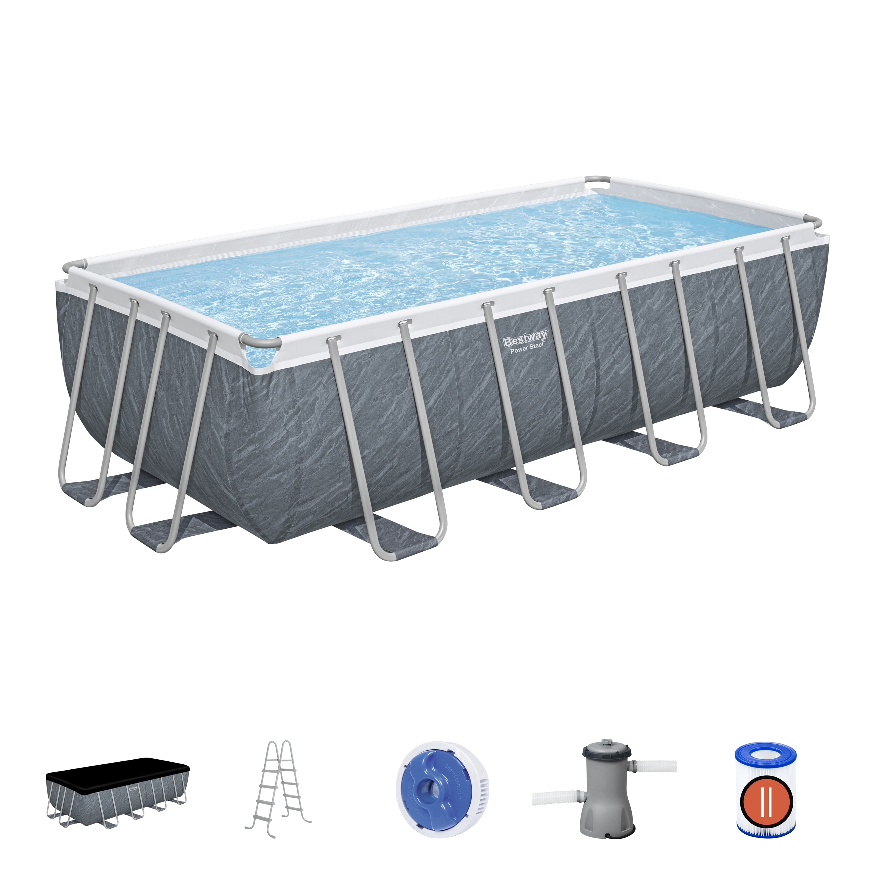 Каркасный бассейн Bestway 56996 BW, Power Steel 488х244х122см, 11532л, фильтр-насос, лестница, тент, попл.-доз.